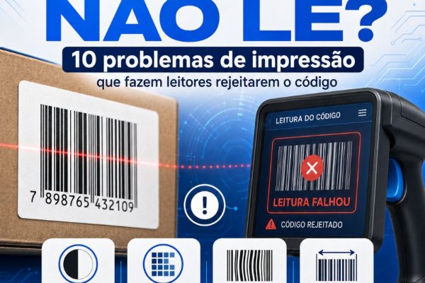 Imagem de destaque sobre código de barras que não lê, mostrando leitor rejeitando o código e destacando 10 problemas de impressão.