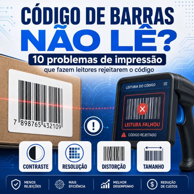 Imagem de destaque sobre código de barras que não lê, mostrando leitor rejeitando o código e destacando 10 problemas de impressão.